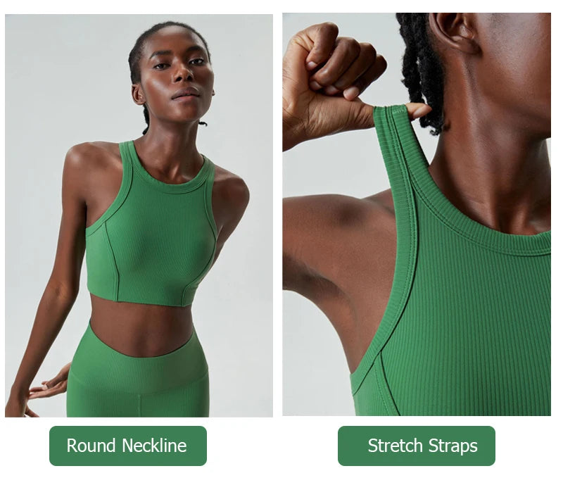 A green high-impact stretch yoga crop top worn by a model, showing the round neckline and stretch straps.