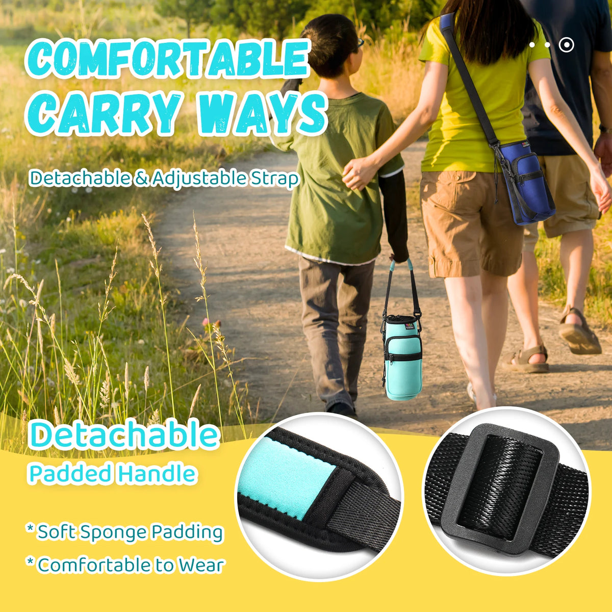 A person is carrying a teal water bottle carrier bag on their shoulder while walking outdoors.