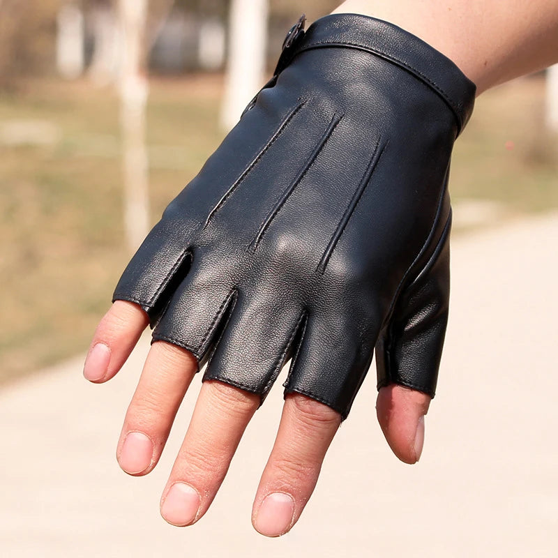 A close-up of a dark navy blue PU leather fingerless fitness glove worn on a hand.
