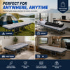 Portable foldable camping cot with a padded mattress shown in various outdoor and indoor settings.