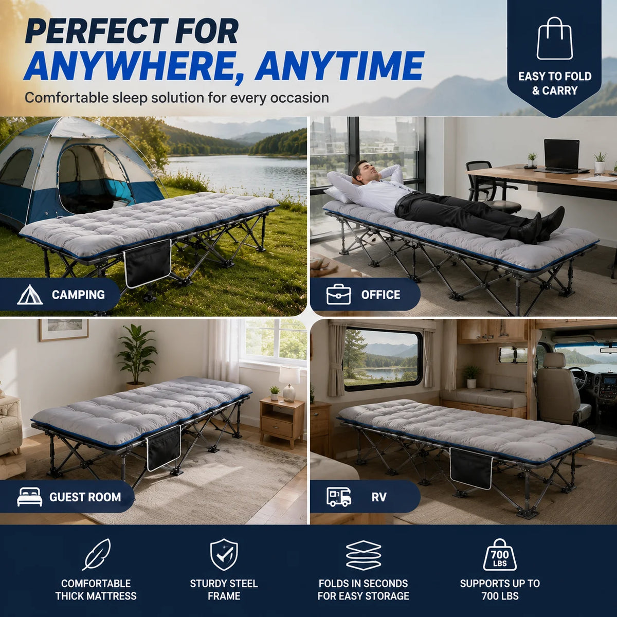 Portable foldable camping cot with a padded mattress shown in various outdoor and indoor settings.