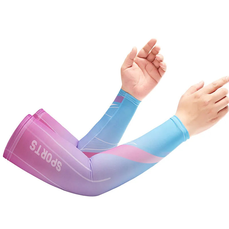 A person is wearing a long-sleeved sports compression sleeve in purple and blue colors.