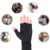 Black compression wrist support gloves shown with various applications including joint relief and grip assistance.