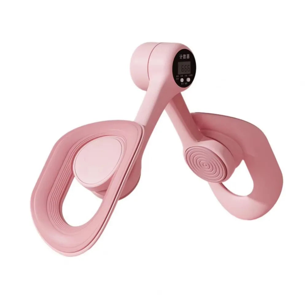 A pink thigh and hip strength trainer with a digital display.