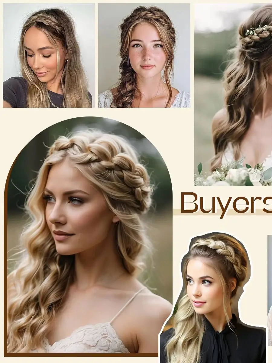 A collage of women showcasing various bohemian style braided hair accessories and long wavy hair.
