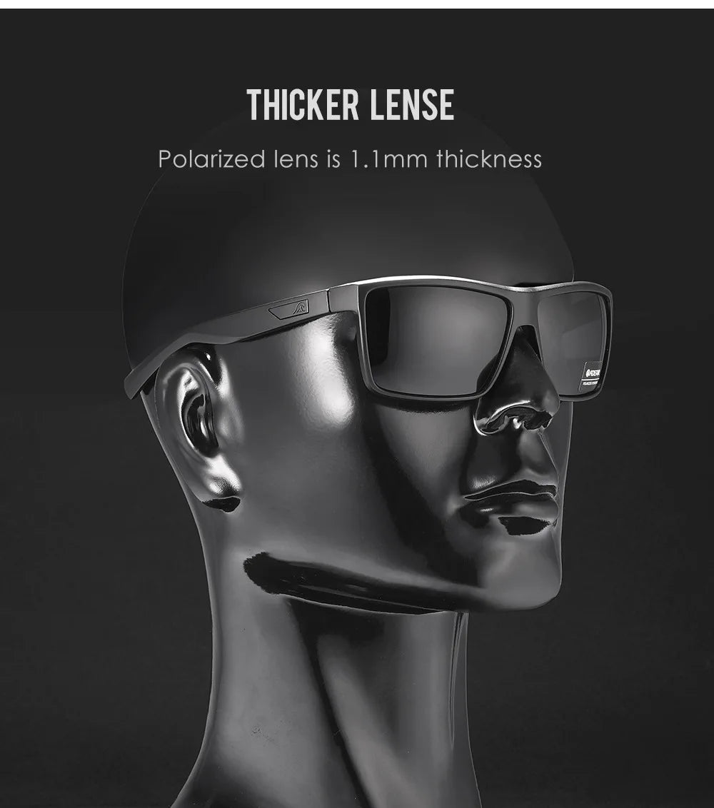A black polarized lens is shown on a model's face, highlighting the 1.1mm thickness of the Thicker Lens.