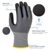 Gray anti-slip nitrile coated safety work gloves showing features like a breathable base and elastic wrist guard