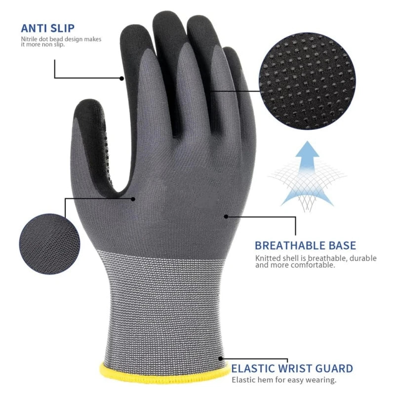 Gray anti-slip nitrile coated safety work gloves showing features like a breathable base and elastic wrist guard