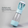 A light blue portable pet water and food dispenser with a clear container and a silicone lid.