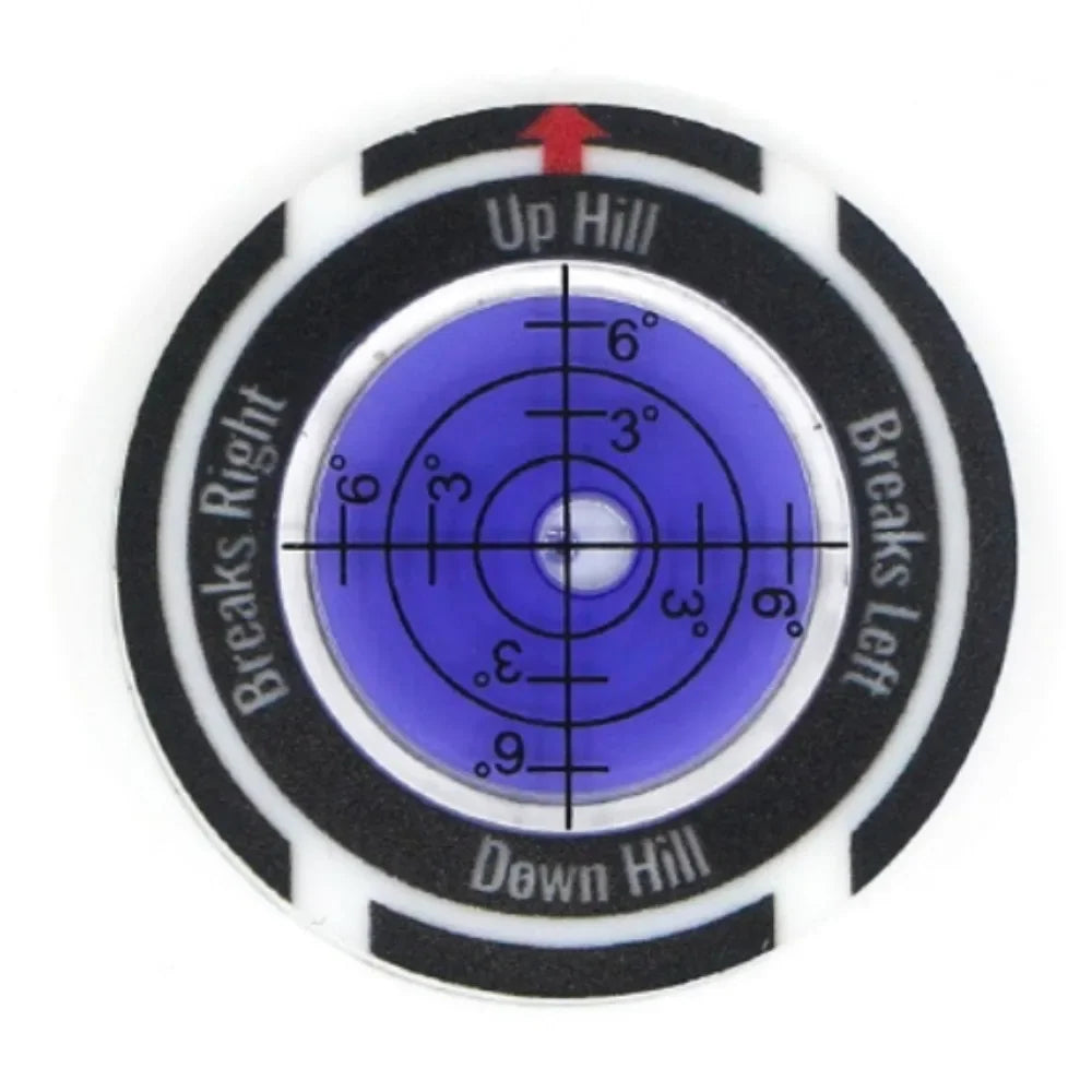 A precision golf ball marker and slope meter with concentric rings indicating up hill and down hill angles.