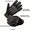 Black tactical full finger outdoor gloves showing features like touch-screen PU, anti-slip mesh, and adjustable wristband.