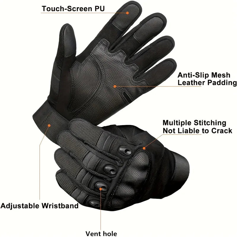 Black tactical full finger outdoor gloves showing features like touch-screen PU, anti-slip mesh, and adjustable wristband.