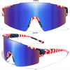 A pair of blue cycling sunglasses with red and white patriotic stripes, shown from the front and at a 45-degree angle.