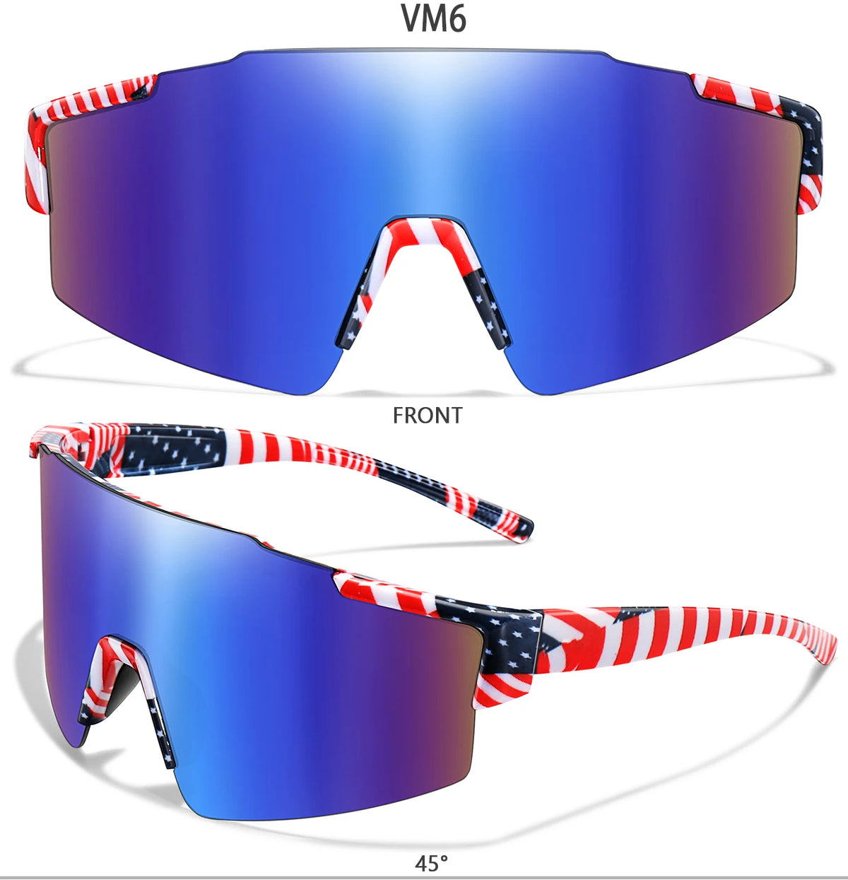 A pair of blue cycling sunglasses with red and white patriotic stripes, shown from the front and at a 45-degree angle.
