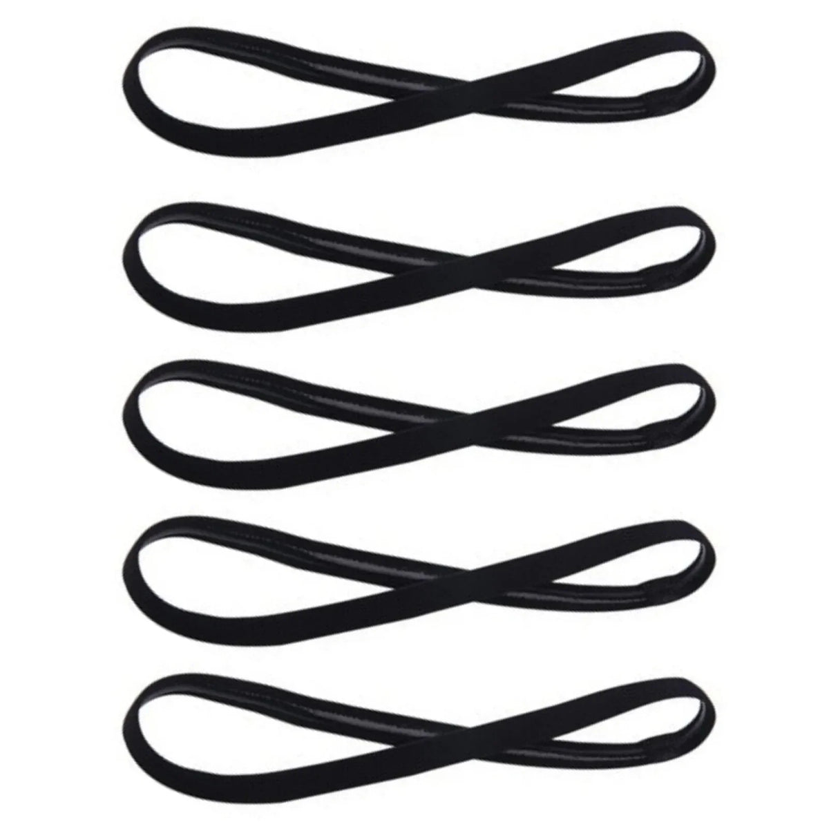 A pack of five black elastic silicone sports headbands.