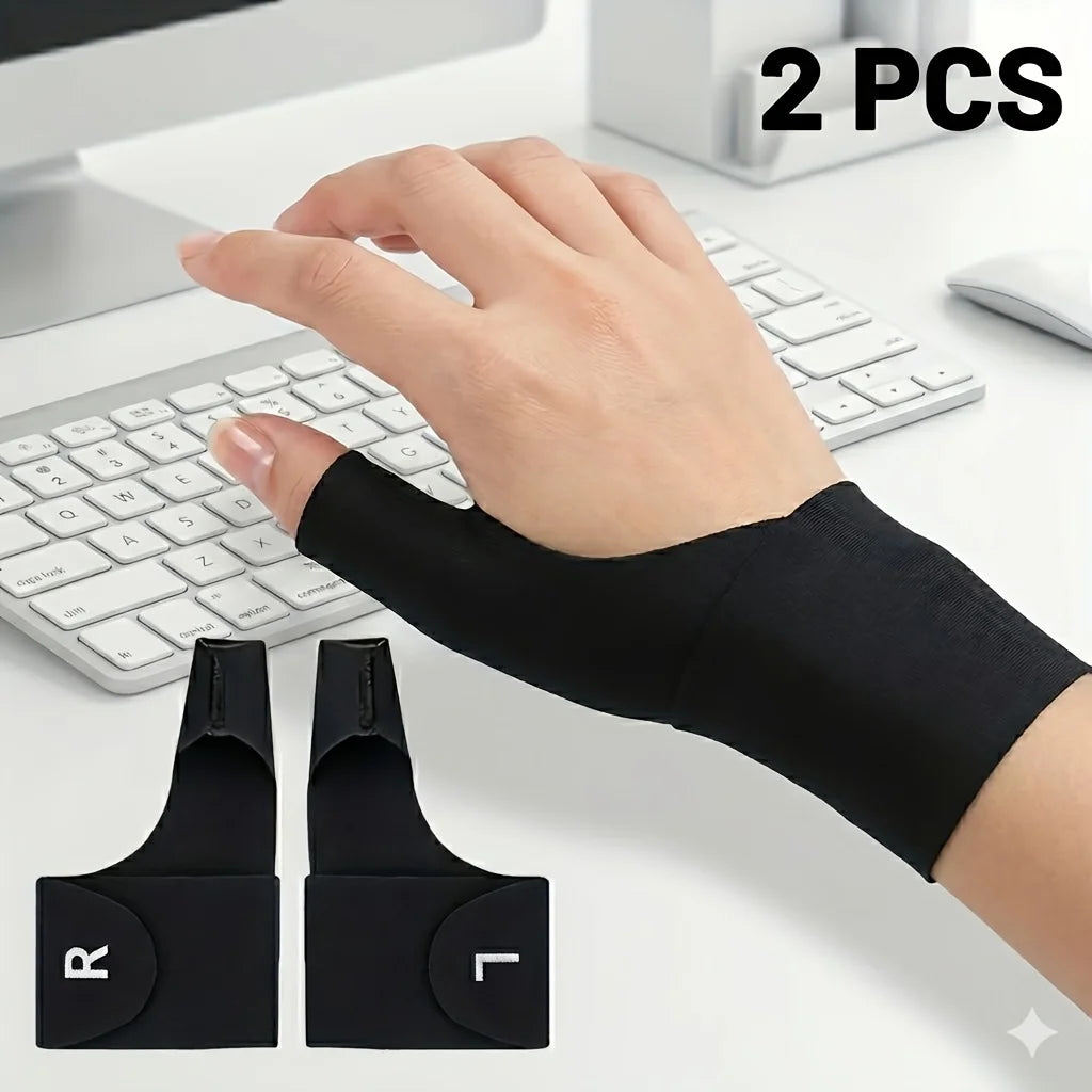 Dos pulseras ergonómicas negras para escribir y tareas repetitivas mostradas en una mano junto a un teclado de portátil.