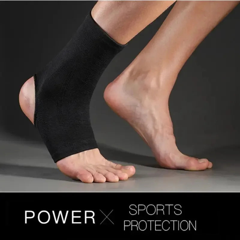Black ankle support brace worn on a person's foot during movement, emphasizing power and sports protection.