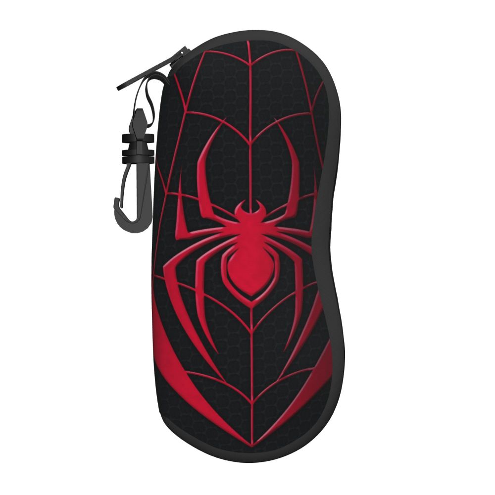 A black pouch featuring a red spider web design, designed to hold eyeglasses.