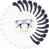 A circular arrangement of silicone eyeglass ear hooks in black and clear, with a pair of glasses in the center.