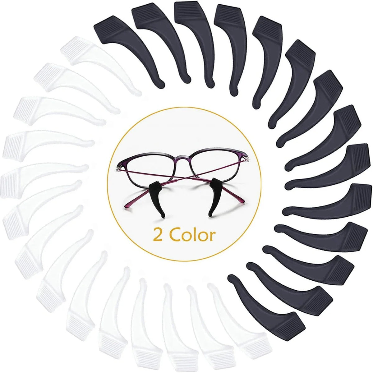A circular arrangement of silicone eyeglass ear hooks in black and clear, with a pair of glasses in the center.