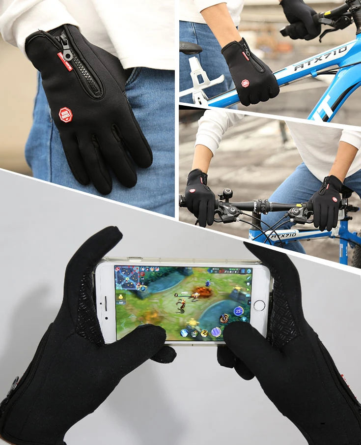 Une main portant des gants de vélo en polaire noire tient un smartphone affichant un jeu mobile.
