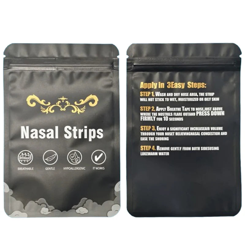 A package of nasal strips with instructions for use is shown on a black background.