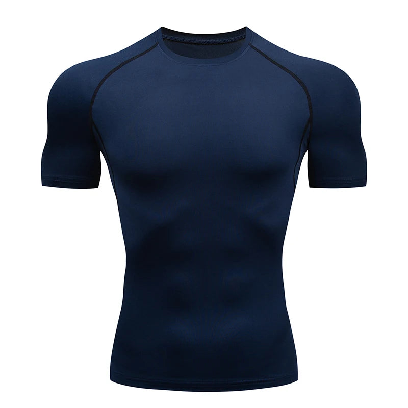 Navy blue men's performance compression t-shirt with dark gray shoulder and sleeve accents.