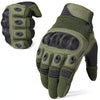 A pair of olive green tactical full-finger motorcycle gloves shown from the back and side.