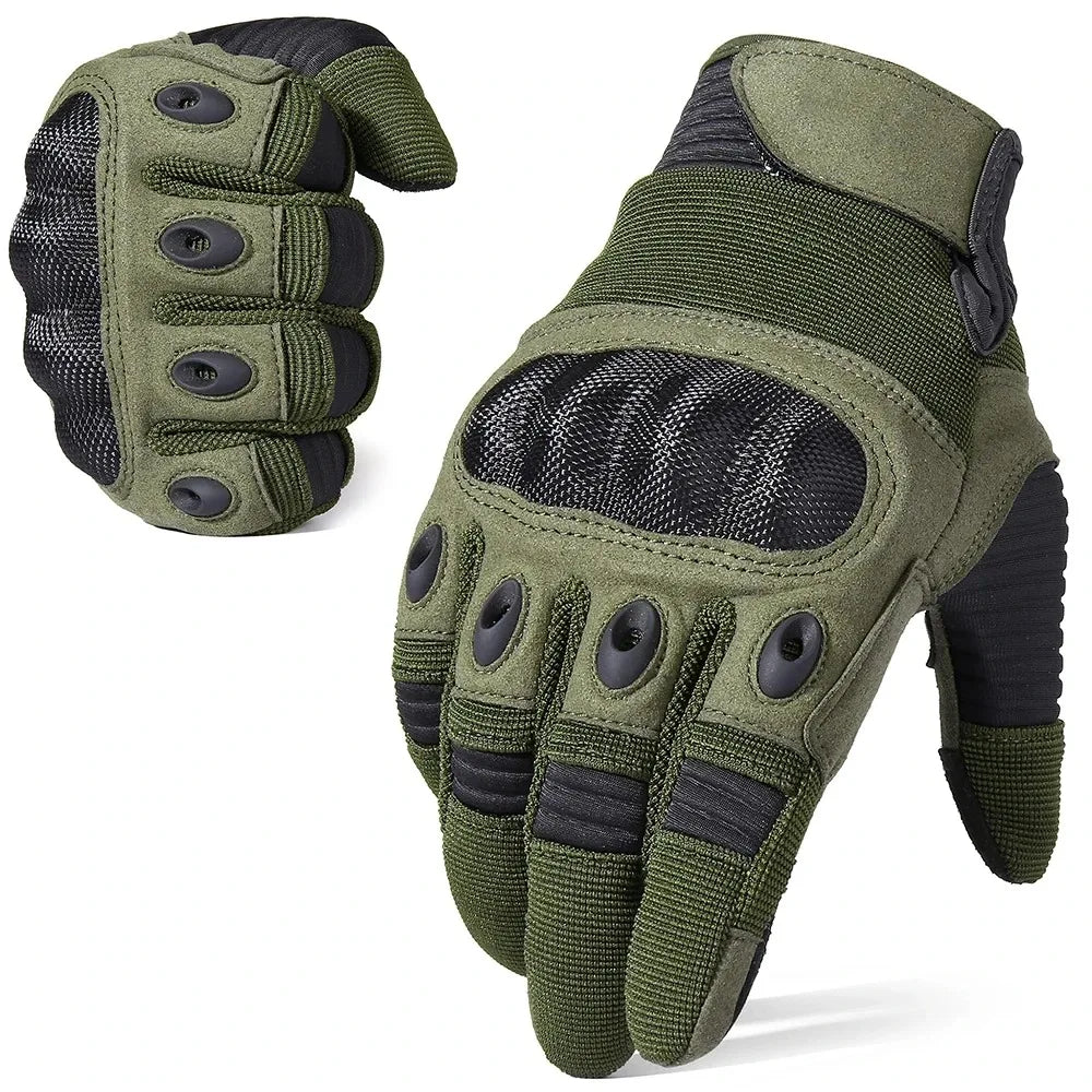 A pair of olive green tactical full-finger motorcycle gloves shown from the back and side.