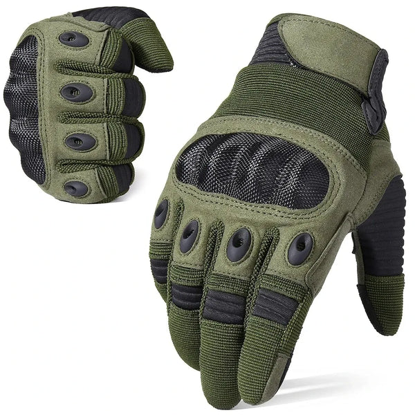A pair of olive green tactical full-finger motorcycle gloves shown from the back and side.