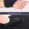 A black thumb adjustment belt product shown in two views, highlighting the hook and loop fastening mechanism.