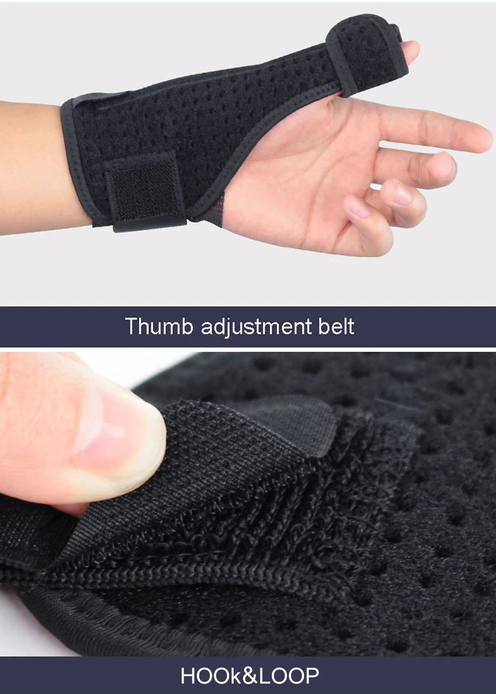 A black thumb adjustment belt product shown in two views, highlighting the hook and loop fastening mechanism.
