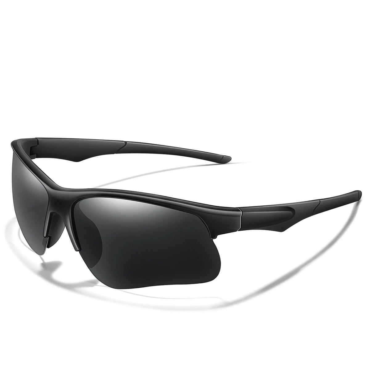 Black UV400 polarized sports sunglasses shown in a profile view with a shadow.