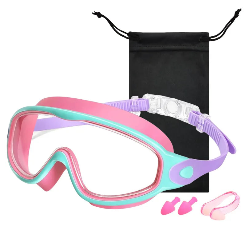 Pink and teal kids swim goggles with anti-fog and UV protection packaged in a black pouch