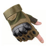 A pair of olive green tactical five-finger gloves shown on a hand.