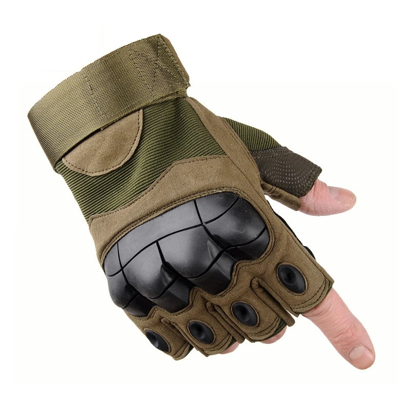 A pair of olive green tactical five-finger gloves shown on a hand.