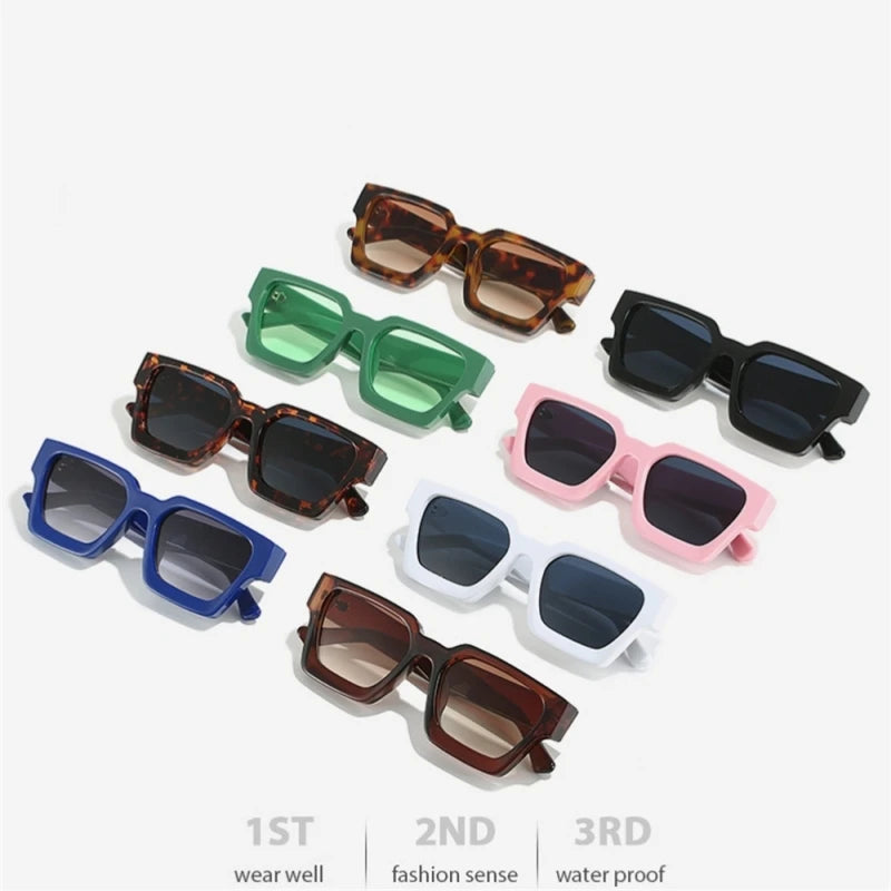 A collection of nine retro square frame sunglasses in various colors and finishes displayed on a white background.