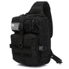 Black tactical sling backpack with an American flag patch on the front
