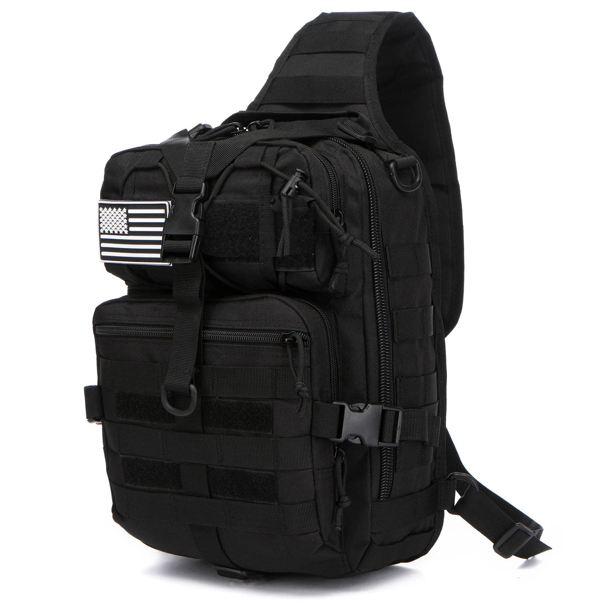 Black tactical sling backpack with an American flag patch on the front