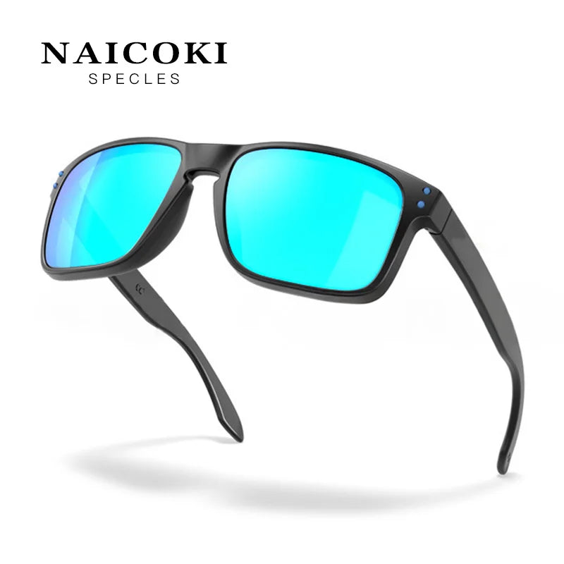 A pair of black sunglasses with bright cyan blue polarized lenses shown against a white background.