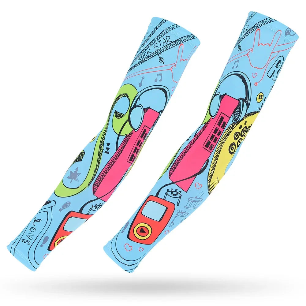 Two light blue arm sleeves featuring musical notes and headphones designs for sun and heat protection