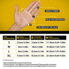 Diagram showing hand measurements for sizing: middle finger length, palm circumference, and width of the palm.