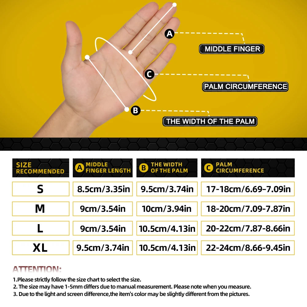 Diagram showing hand measurements for sizing: middle finger length, palm circumference, and width of the palm.