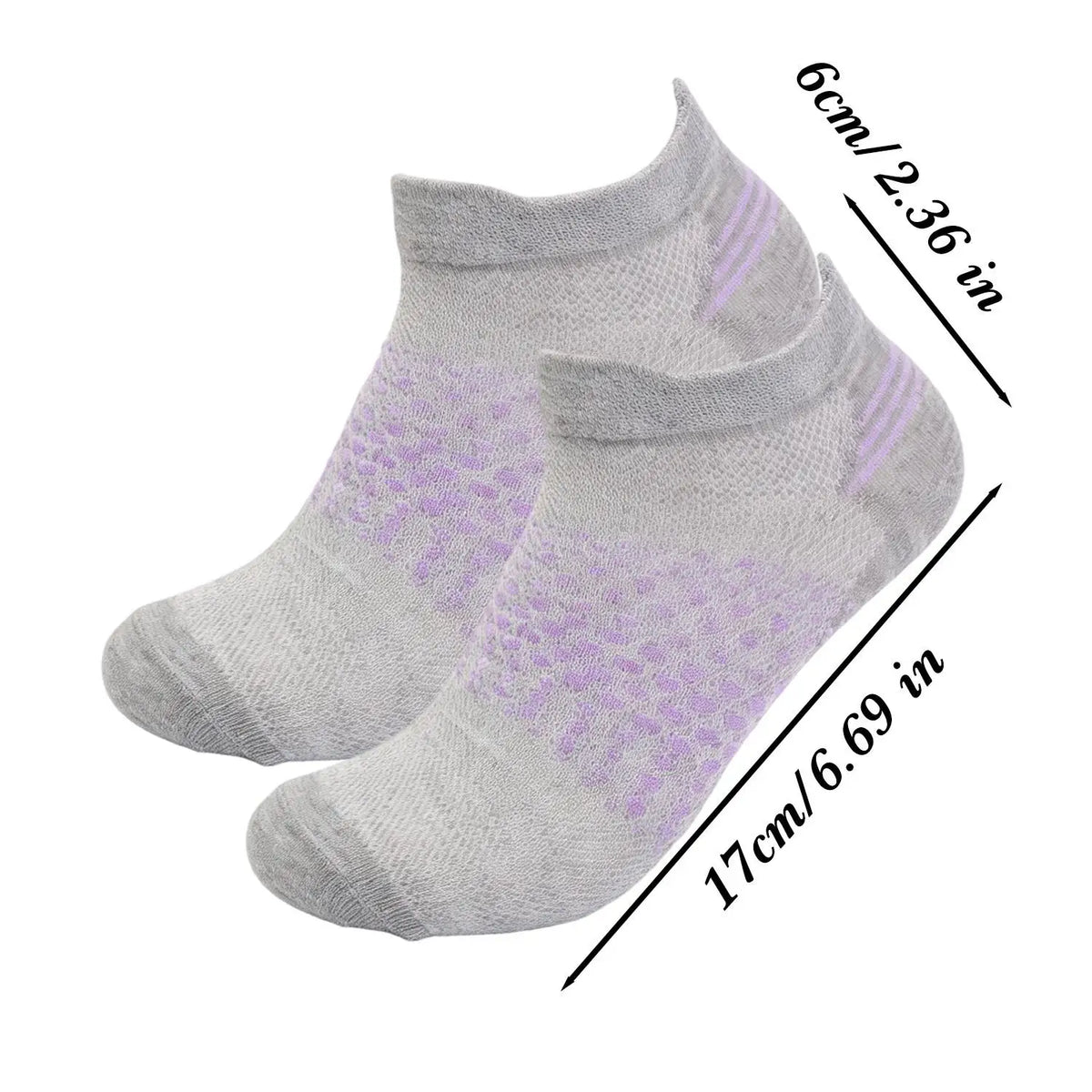 Gray breathable mesh ankle socks shown flat with dimensions 6cm/2.36 in and 17cm/6.69 in
