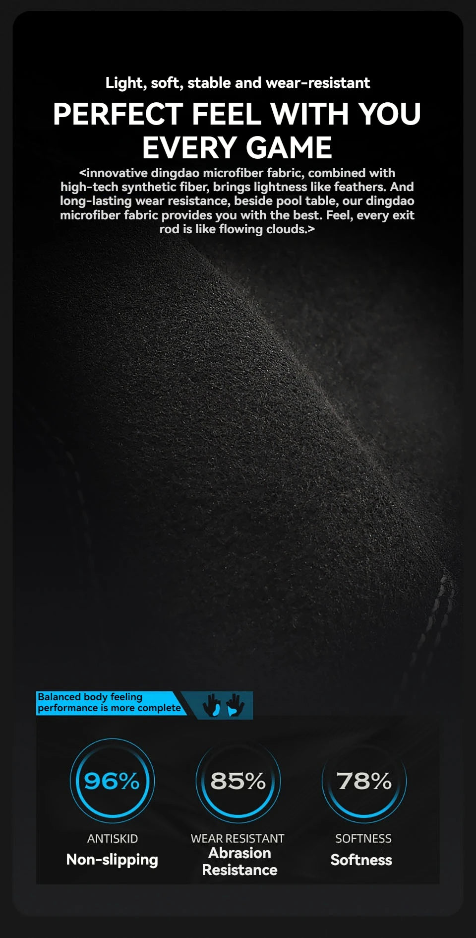 Close-up of a product featuring performance metrics for 3-Finger Snooker Pool Gloves