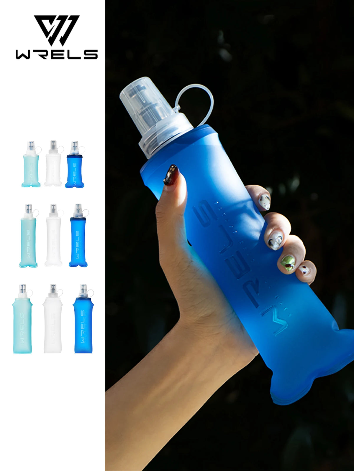 A hand holds a blue collapsible silicone hydration flask against a dark background.