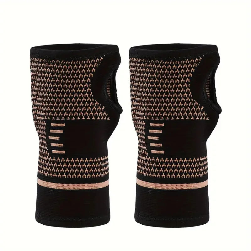 A pair of black knit wrist compression braces with tan accents shown side by side.