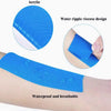 Blue acrylic kinesiology tape applied to skin, demonstrating a water ripple viscous design and waterproof and breathable feat