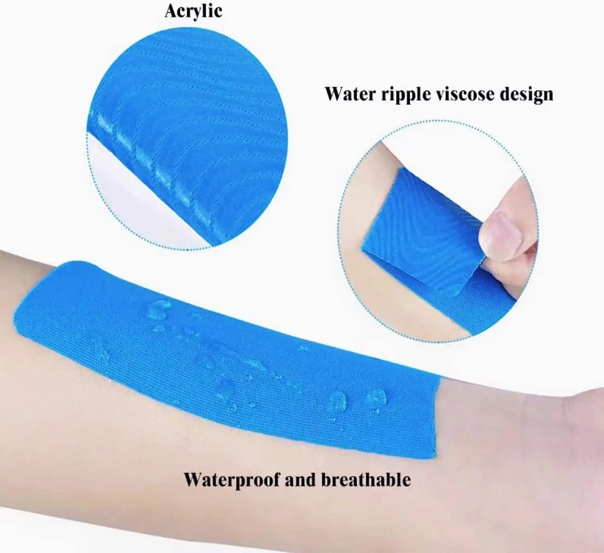 Blue acrylic kinesiology tape applied to skin, demonstrating a water ripple viscous design and waterproof and breathable feat