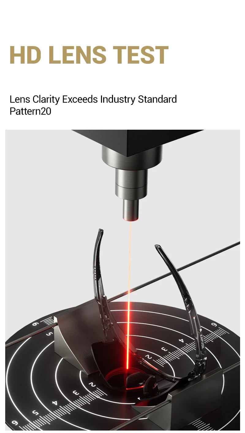 Close-up of an HD lens test being performed on polarized sunglasses for outdoor sports.